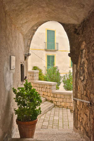 A narrow street among the old houses of Cusano Mutri, a medieval village in the Campania region, Italy.の写真素材
