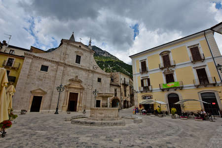 The facade of the cathedral of Pacentro, a medieval village in the Abruzzo region, Italy.のeditorial素材