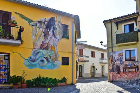 A narrow street among the old houses of Sant'Angelo le Fratte, a medieval village in the Basilicata region.のeditorial素材