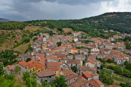 Panoramic view of Sasso di Castalda, a village in the mountains of the Basilicata region, Italy.の写真素材