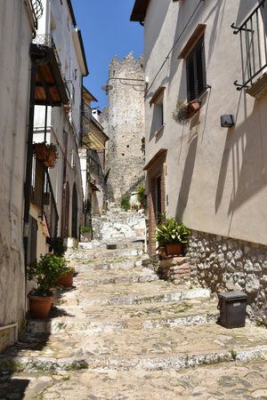An alley between the old colored houses of Itri, an old medieval town in the Lazio region.のeditorial素材