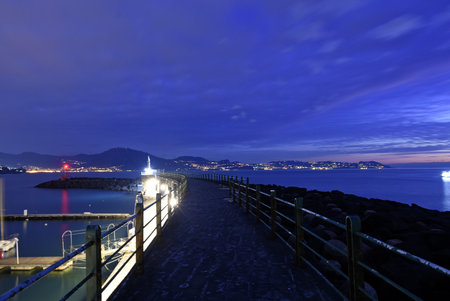 Panoramic view from the seafront of a town on the coast of the Campania region.の写真素材