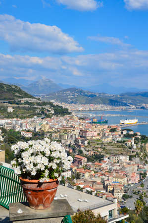 Panoramic view of Salerno and the village of Vietri sul mare, Italy.の写真素材