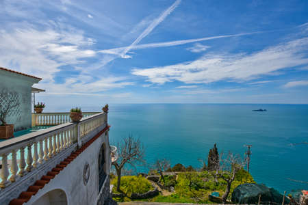 Positano, Italy, 03/30/2018. Panoramic view from a house overlooking the sea in a town in the province of Salerno, Italy.のeditorial素材