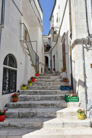 Monte Sant'Angelo, Italy, 06/28/2020. An alley embellished with flowers in the historic center of a small Apulian town.のeditorial素材