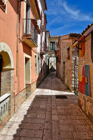 A narrow street between the houses of San Gregorio Matese, an old town in the province of Caserta, Italy.の写真素材