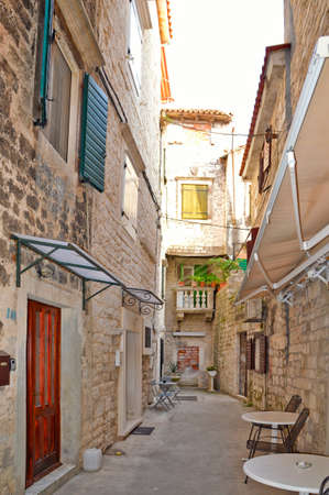 Trogir, Croatia, 08/29/2017. A small street in the medieval quarter of an old Croatian town.のeditorial素材