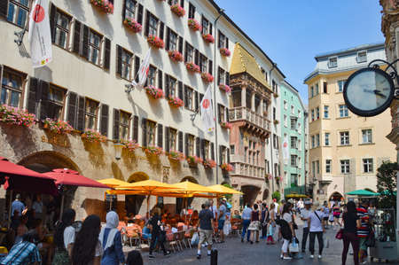Innsbruck, Austria, July 23, 2015. Tourists in a central street of the Austrian city.のeditorial素材
