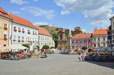 Mikulov, Czech republic, 07/31/2015. Tourists in a square of a medieval town.