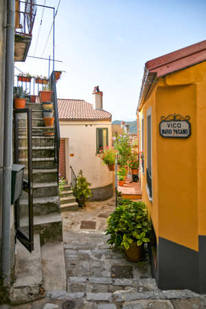 A street in the historic center of Latronico, a old town in the Basilicata region, Italy.の写真素材