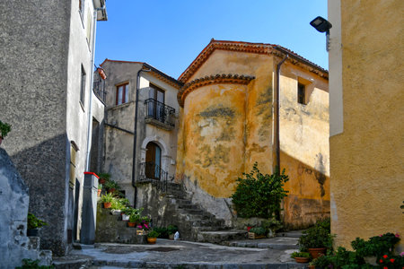 A street in the historic center of Rivello, a medieval town in the Basilicata region, Italy.の写真素材