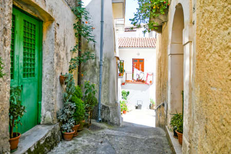 A street in the historic center of Rivello, a medieval town in the Basilicata region, Italy.の写真素材