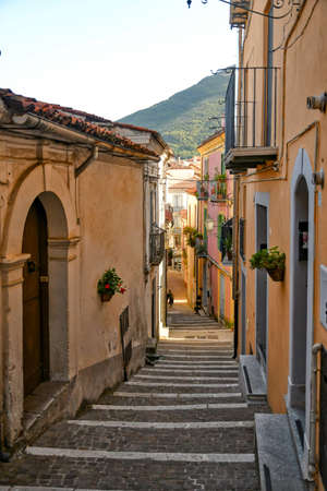A street in the historic center of Rivello, a medieval town in the Basilicata region, Italy.の写真素材