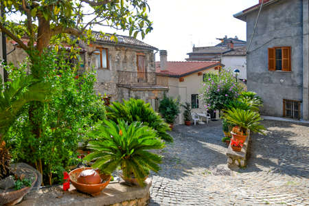 An alley in the medieval quarter of Morolo, a medieval town in the Lazio region. Italy.の写真素材