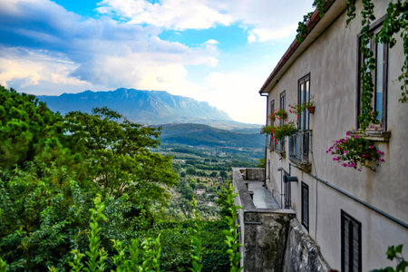 Contursi, Italy, 09/10/2021. The landscape around a town in the province of Salerno seen from the windows of an old house.のeditorial素材