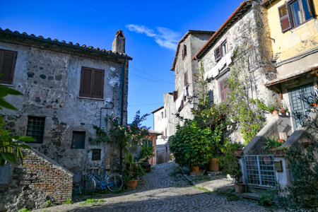 A narrow street in Bracciano, an old town in Lazio region, Italy.の写真素材
