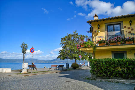 The lakeside promenade of Anguilara Sabazia, a medieval town overlooking a lake in the province of Rome.のeditorial素材