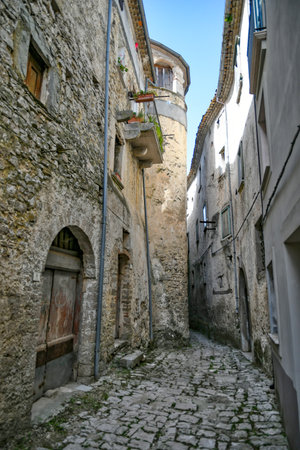A narrow street of Carpinone, a medieval town of Isernia province.の写真素材
