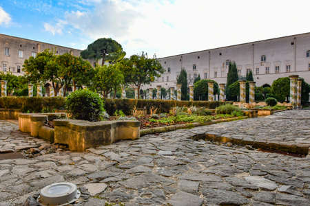 Naples, Italy, 02/13/2022. The inner courtyard of the monastery of Santa Chiara, decorated with painted majolica, built in the 17th century.のeditorial素材