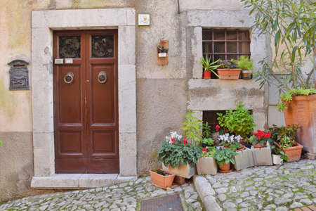 the door of an old house of Veroli, a medieval village in the Lazio region.のeditorial素材