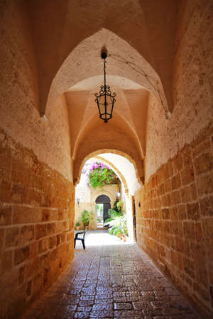A narrow street between the old houses of Presicce, a picturesque village in the province of Lecce in Italy.の写真素材