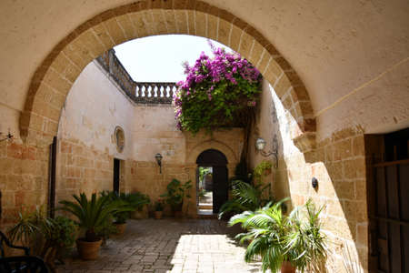 A narrow street between the old houses of Presicce, a picturesque village in the province of Lecce in Italy.の写真素材