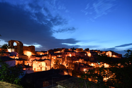 Night view of Grottole, a village in the Basilicata region, Italy.の写真素材