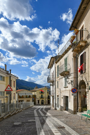 A narrow street between the old stone houses of Caramanico Terme, a medieval village in the Abruzzo region.の写真素材