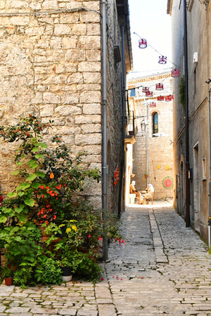 A narrow street between the old stone houses of Oratino, a medieval village in the Molise region.のeditorial素材
