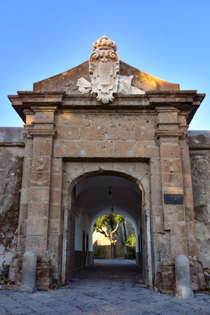 Entrance door to the castle of Baia, which houses a museum of Roman history.のeditorial素材