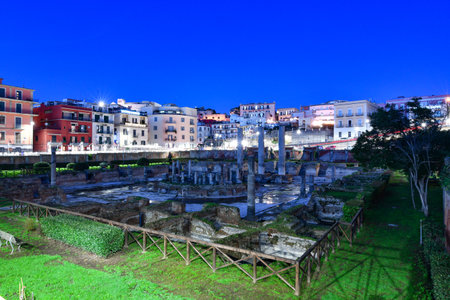 Ruins of an ancient Roman city on the seafront of Pozzuoli overlooking the gulf of Naples.のeditorial素材
