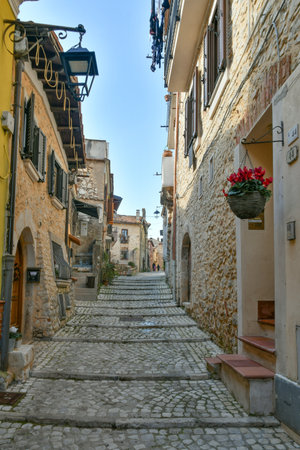 A narrow street in the historic center of Priverno, an old village in Lazio, not far from Rome.の写真素材