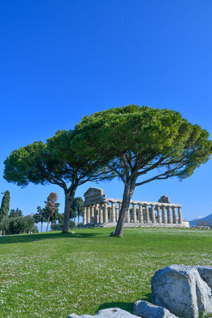 Architecture of an ancient Greek temple in the archaeological park of Paestum in Campania.のeditorial素材