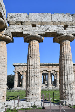 The columns of an ancient Greek temple in the archaeological park of Paestum in Campania.のeditorial素材