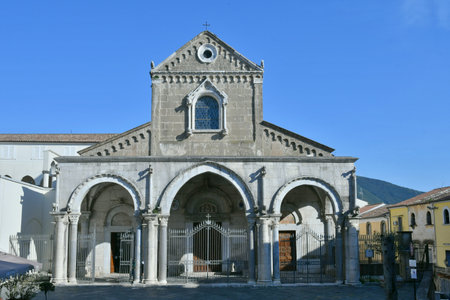 The facade of the ancient Romanesque cathedral of Sessa Aurunca, a town in the province of Caserta.の写真素材