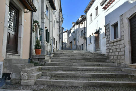 A narrow street among the old houses of Rivisondoli, a small town in the mountains of central Italy.の写真素材