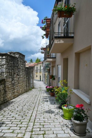 A narrow street in Sant'Angelo dei Lombardi, a small mountain village in the province of Avellino.の写真素材