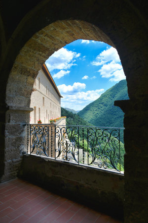 View of the monastery of Saint Benedict in Subiaco, a medieval village near Rome.の写真素材