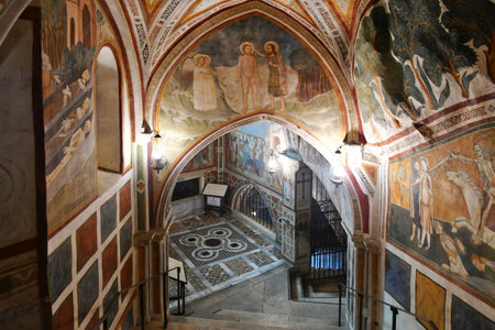 Ancient frescoes inside the monastery of Saint Benedict in Subiaco, a medieval village near Rome.のeditorial素材