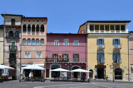View of the square of Tagliacozzo, a medieval town in the Abruzzo region.のeditorial素材