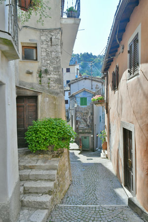 A narrow street among the old houses of Cervara di Roma, a medieval town in the Lazio region.の写真素材