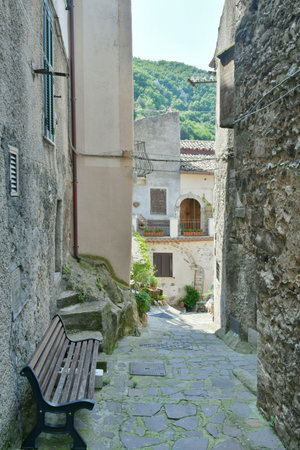 A narrow street among the old houses of Cervara di Roma, a medieval town in the Lazio region.の写真素材