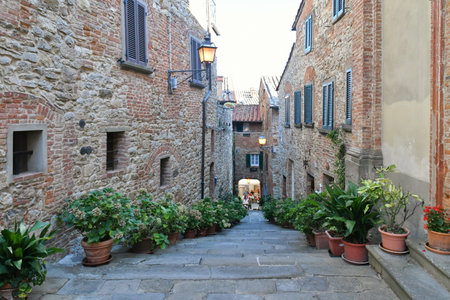 A street in the medieval neighborhood of Lucignano, a city in Tuscany.のeditorial素材
