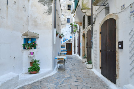 A street among the white painted houses of Sperlonga, a village in the province of Latina.の写真素材