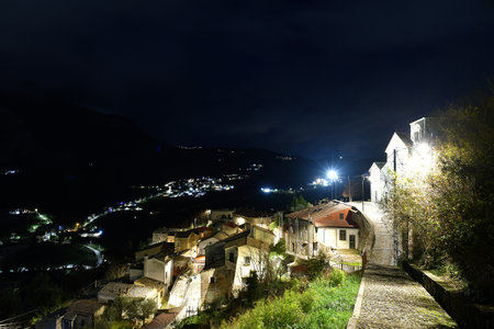 View of the night landscape of Montesarchio, a medieval village in Campania.の写真素材