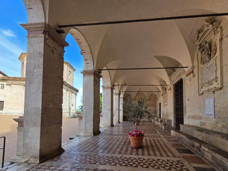 The entrance portico of the medieval cathedral of Spoleto, a town in Umbria.の写真素材