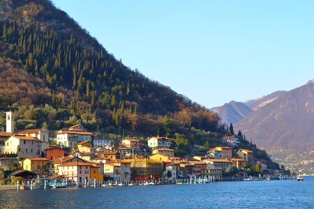 Lake Iseo, Italy - March 12, 2017: View of Lake Iseo and Mountain Island, Italyのeditorial素材