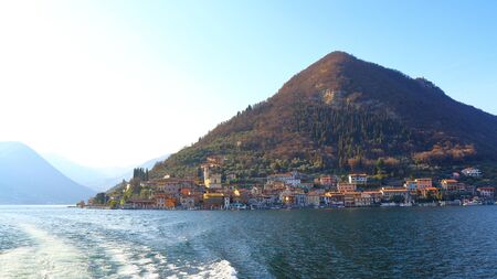 Lake Iseo, Italy - March 12, 2017: View of Lake Iseo and Mountain Island, Italyのeditorial素材