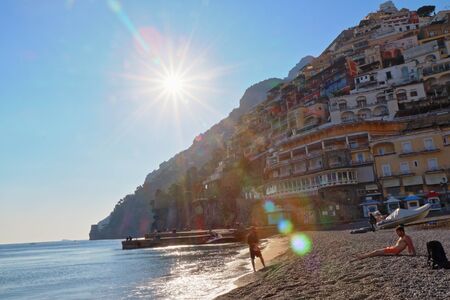 Positano, Italy - March 29, 2017: colored cliff houses and sea in Positano, Amalfi coast, Italy.のeditorial素材