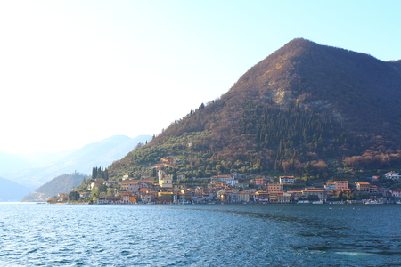 Iseo Lake, Italy - March 12, 2017: View of Iseo Lake and Mountain Island, in Italyのeditorial素材
